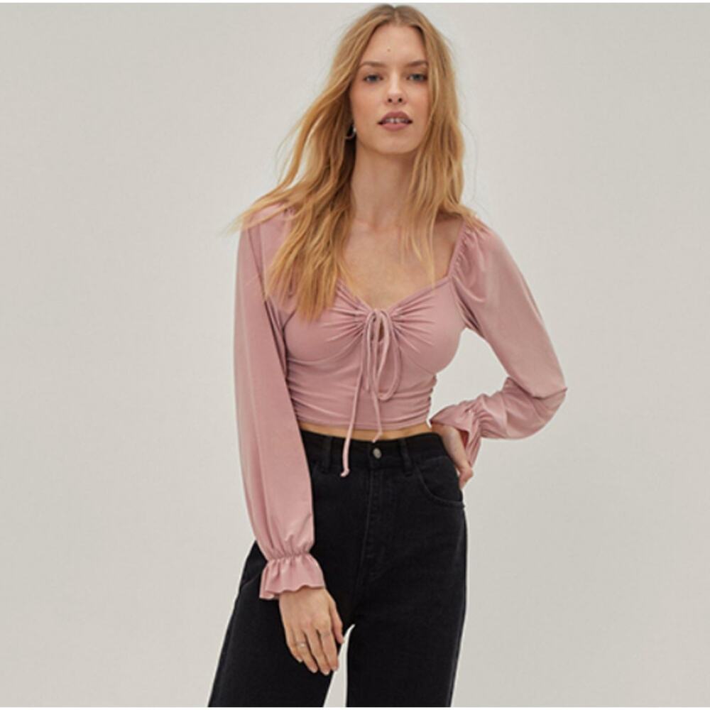 Nasty Gal Slinky Cross Front Puff Sleeves Crop Top